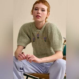 Bellerose Italian Yarn Alpaca Wool Short Sleeve Sweater - Size 2 - Green Floral